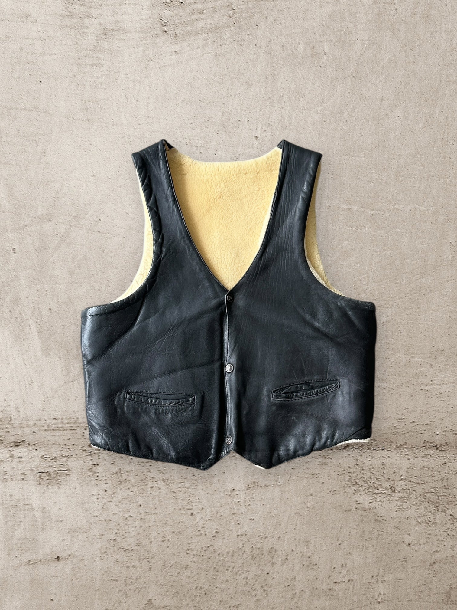 70s/80s Sherpa Lined Buckle Back Leather Vest - Large – The Juncture