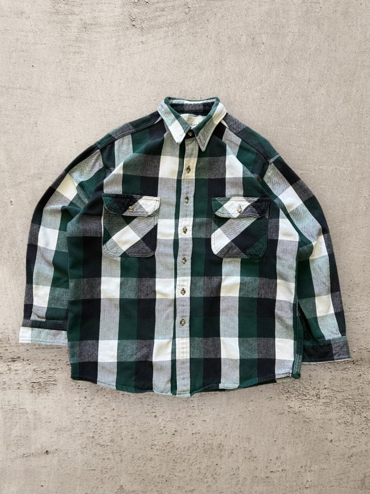 00s Green Big Print Plaid Flannel Button Up - XL