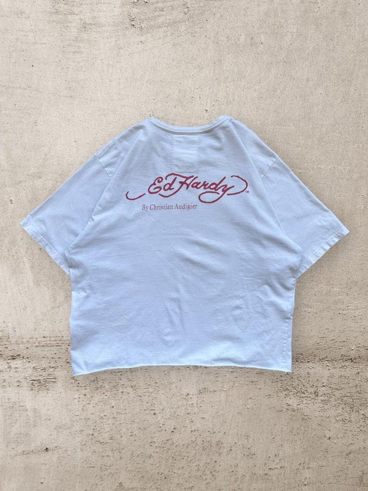 00s Ed Hardy Rhinestone Tiger Cropped Graphic T-Shirt - XL