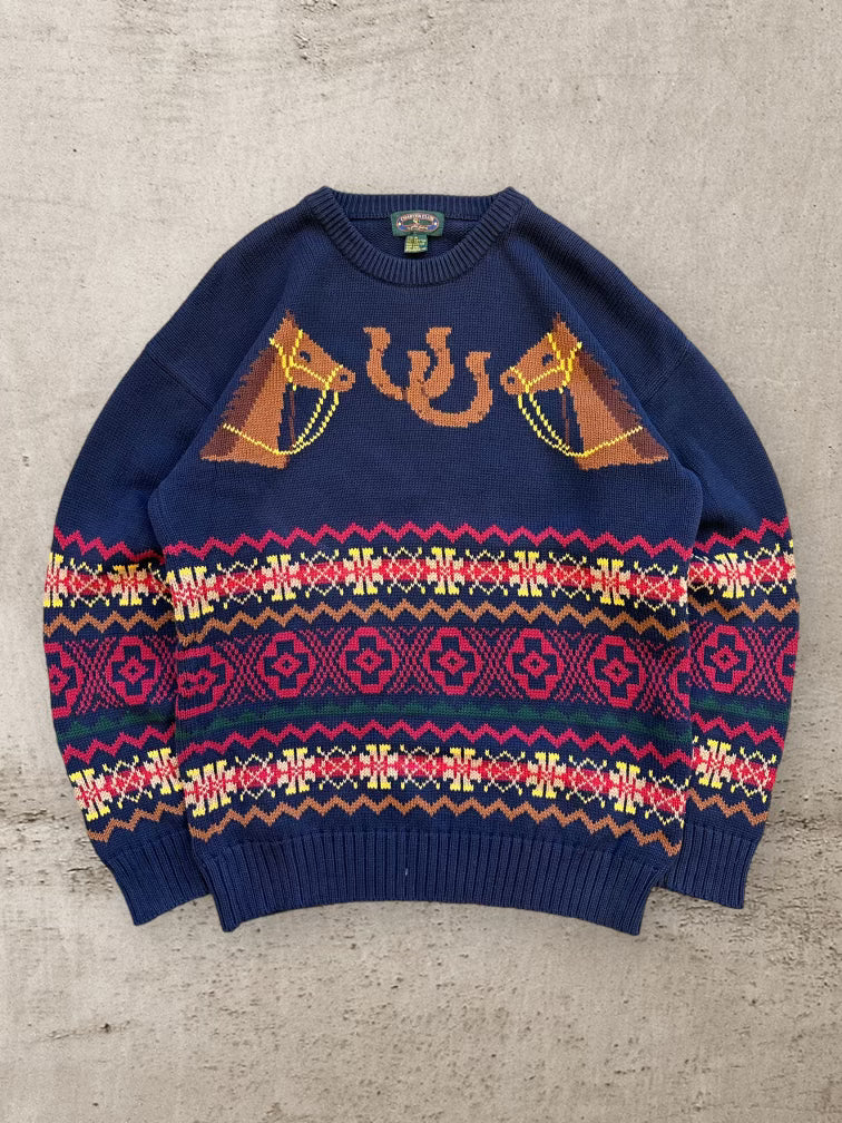 90s Charter Club Striped Horses Knit Sweater - Medium