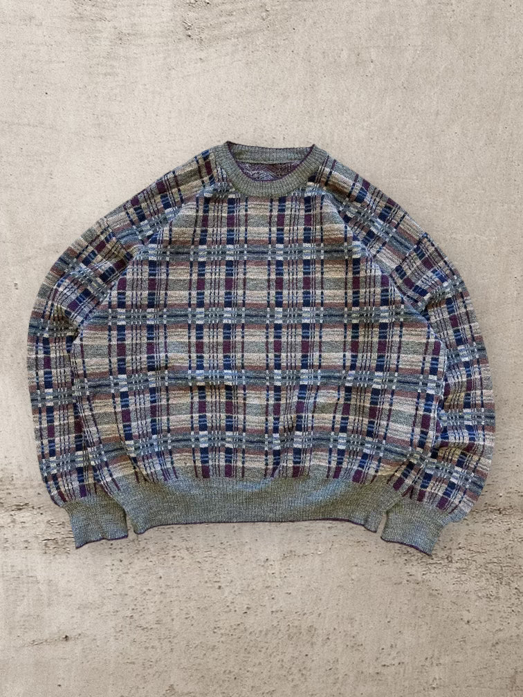 90s Multicolor Plaid Knit Sweater - Large
