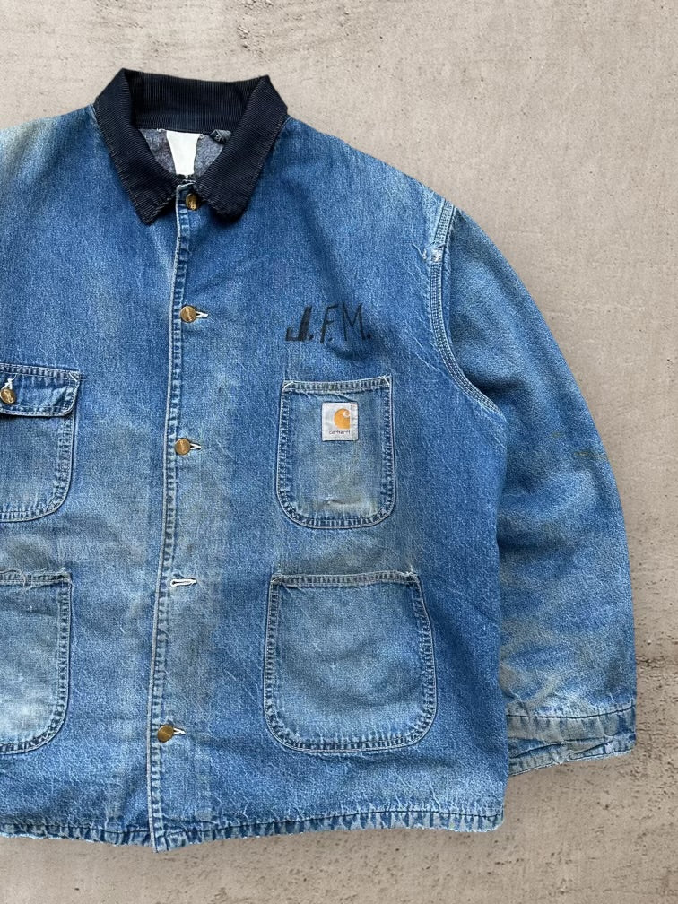 90s Carhartt Wool Lined Distressed Denim Chore Jacket - XL