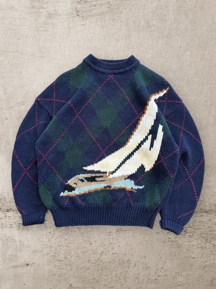 90s Outrigger Plaid Sail Boat Graphic Knit Sweater - Small