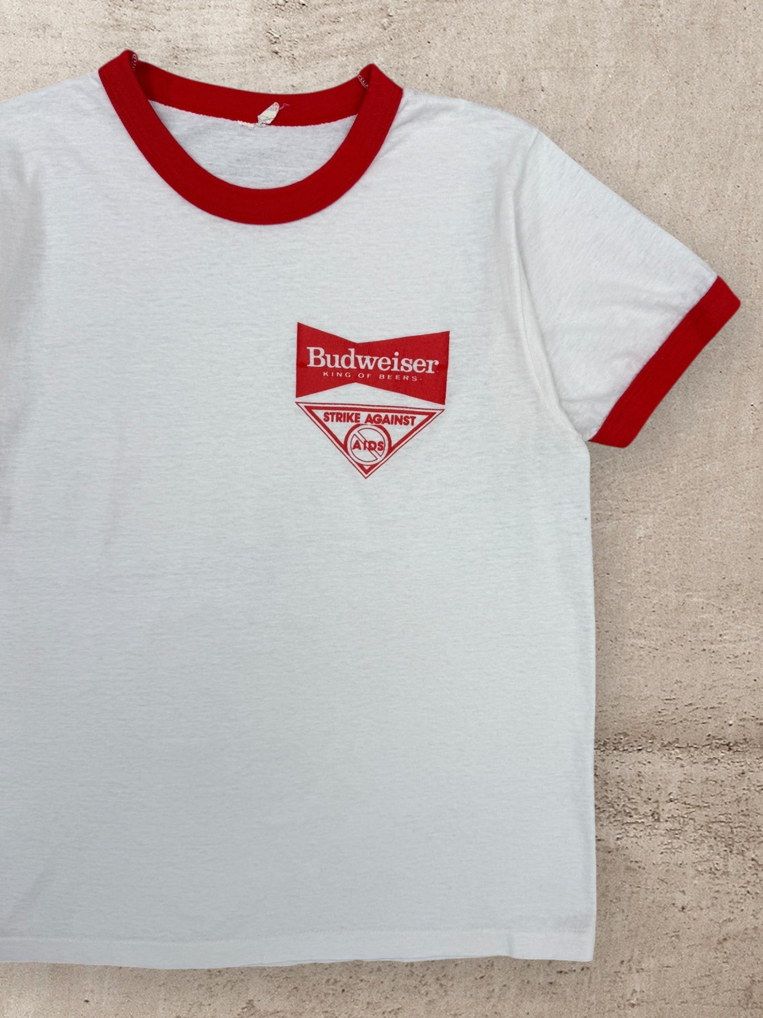 80s Budweiser Strike Against Aids Ringer T-Shirt - Medium
