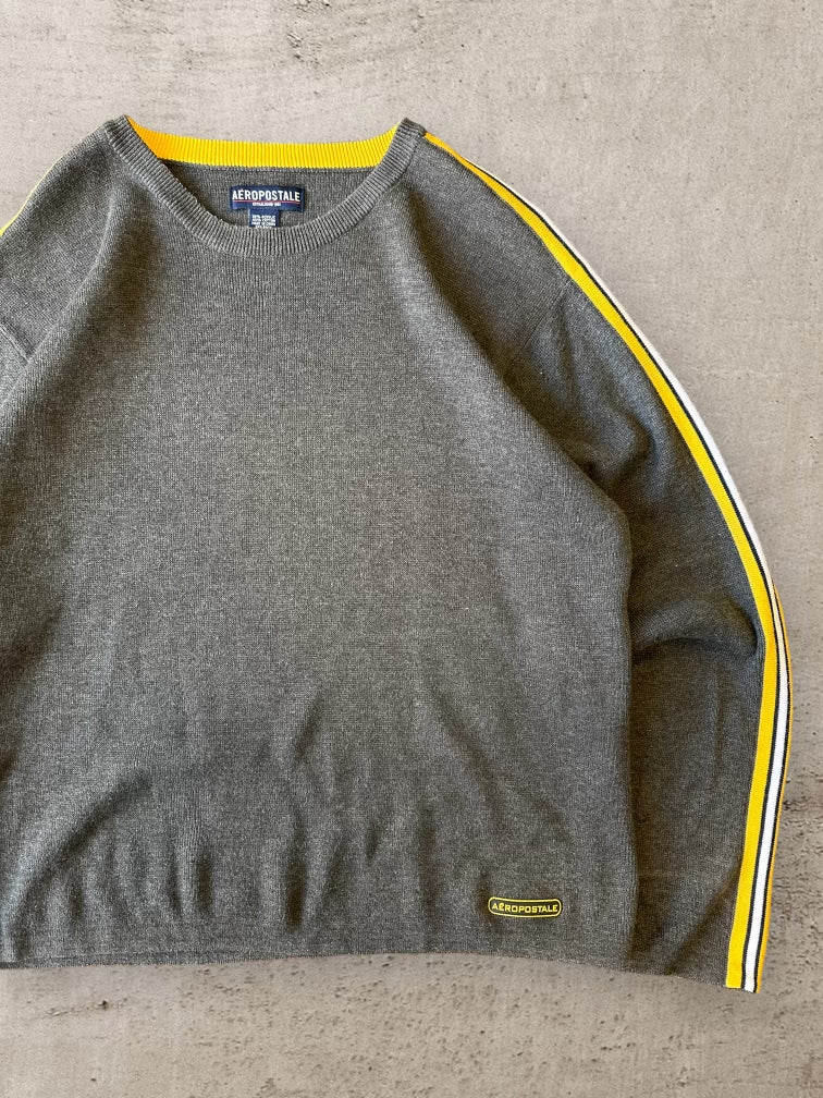 00s Grey Striped Acrylic Sweater - Large