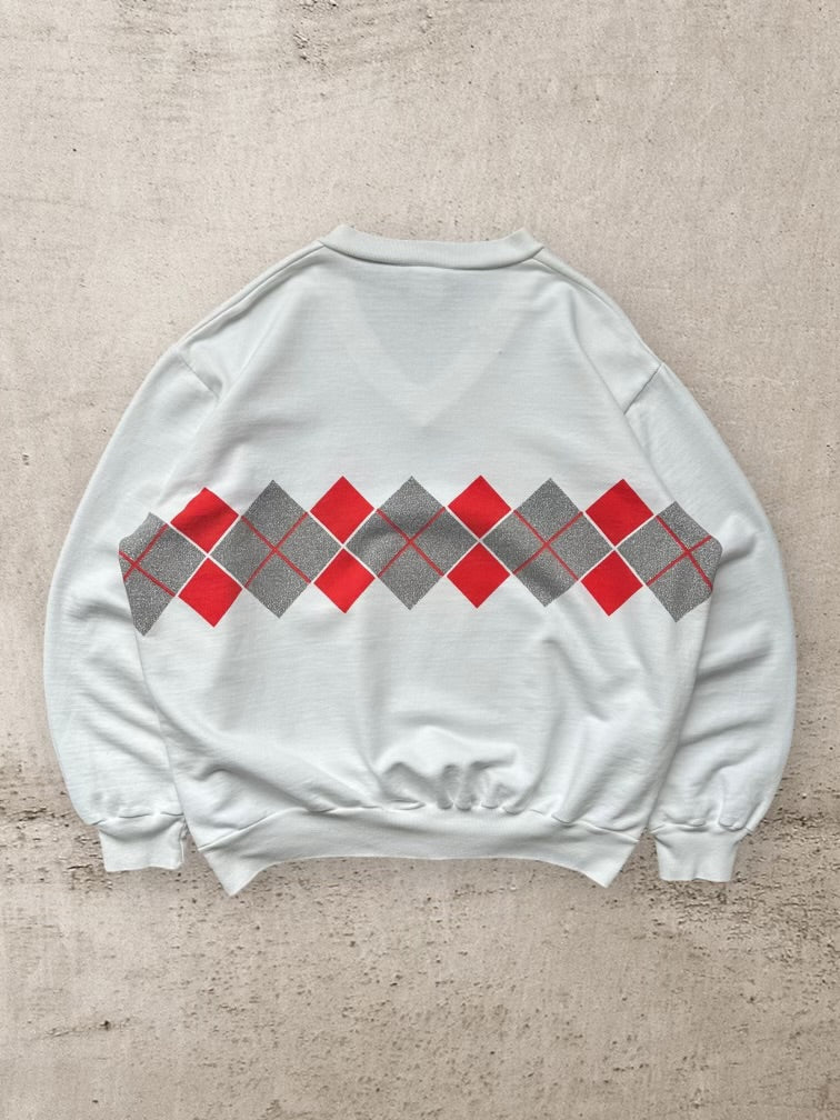 90s Adidas Argyle Graphic V-Neck Sweatshirt - Medium