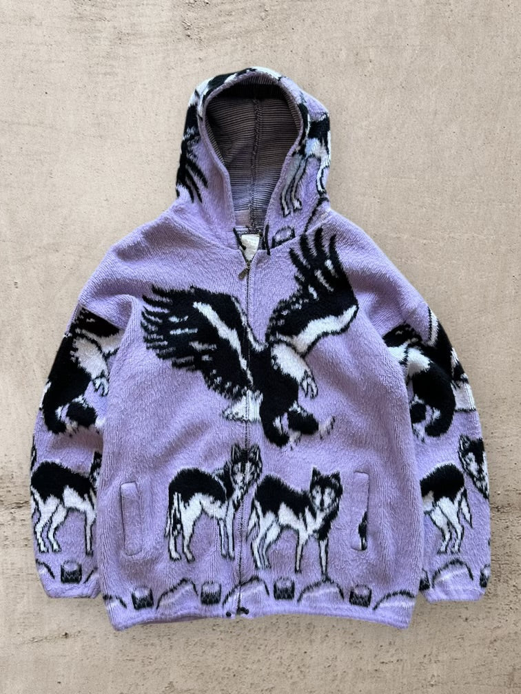 90s Eagle & Wolves Graphic Knit Zip Up Hoodie - Large