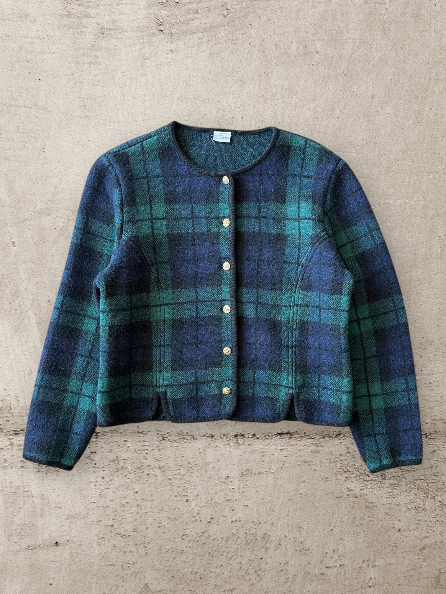 80s Plaid Button Up Wool Sweater - Small