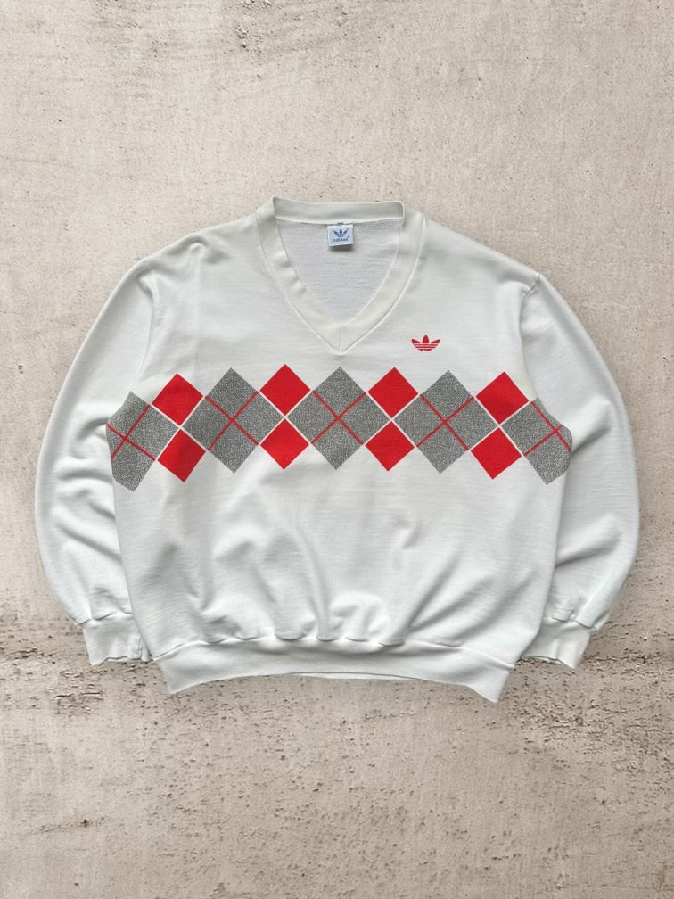 90s Adidas Argyle Graphic V-Neck Sweatshirt - Medium