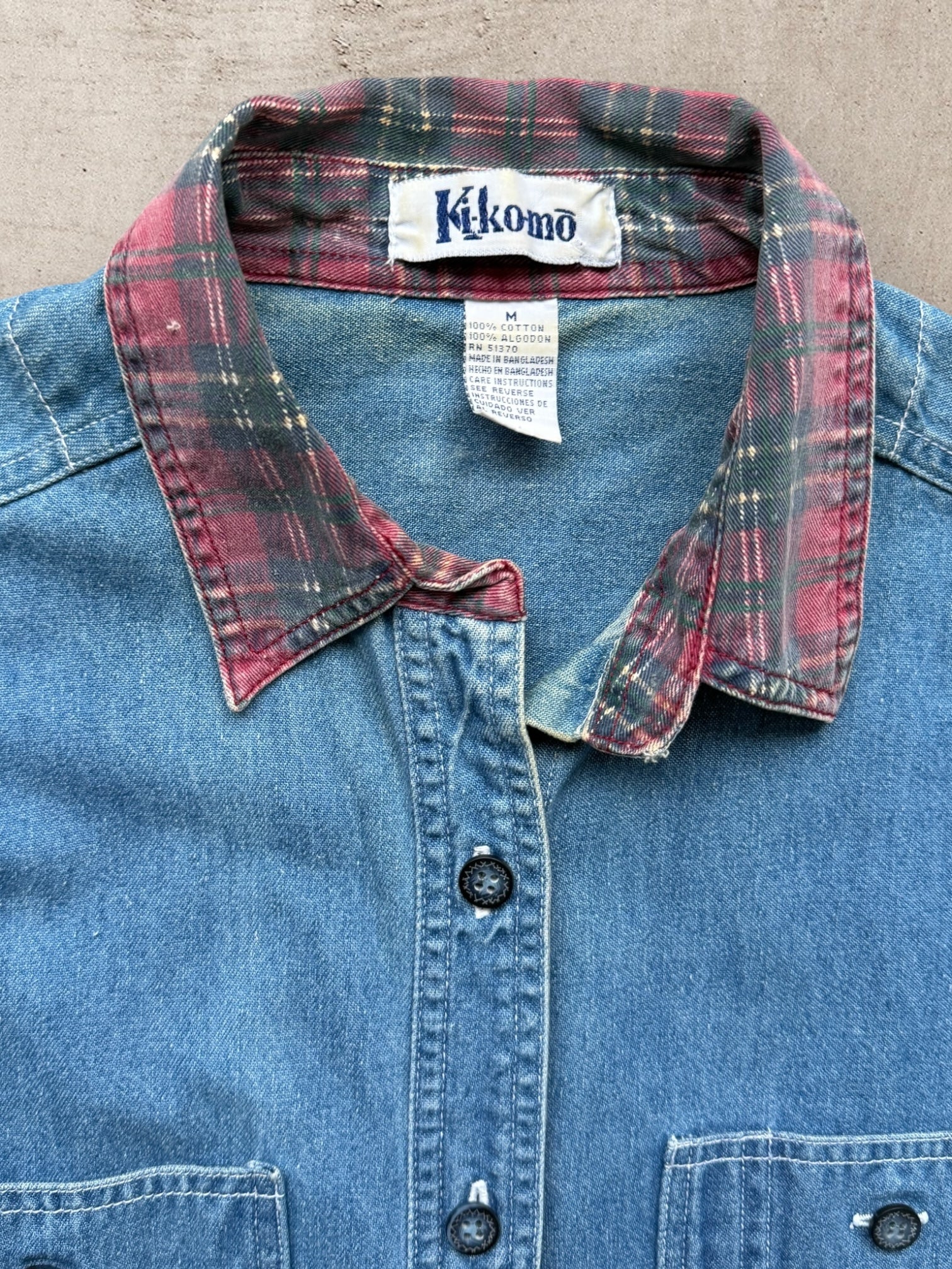 90s Kikomo Plaid Collared Denim Button Up Shirt - Large