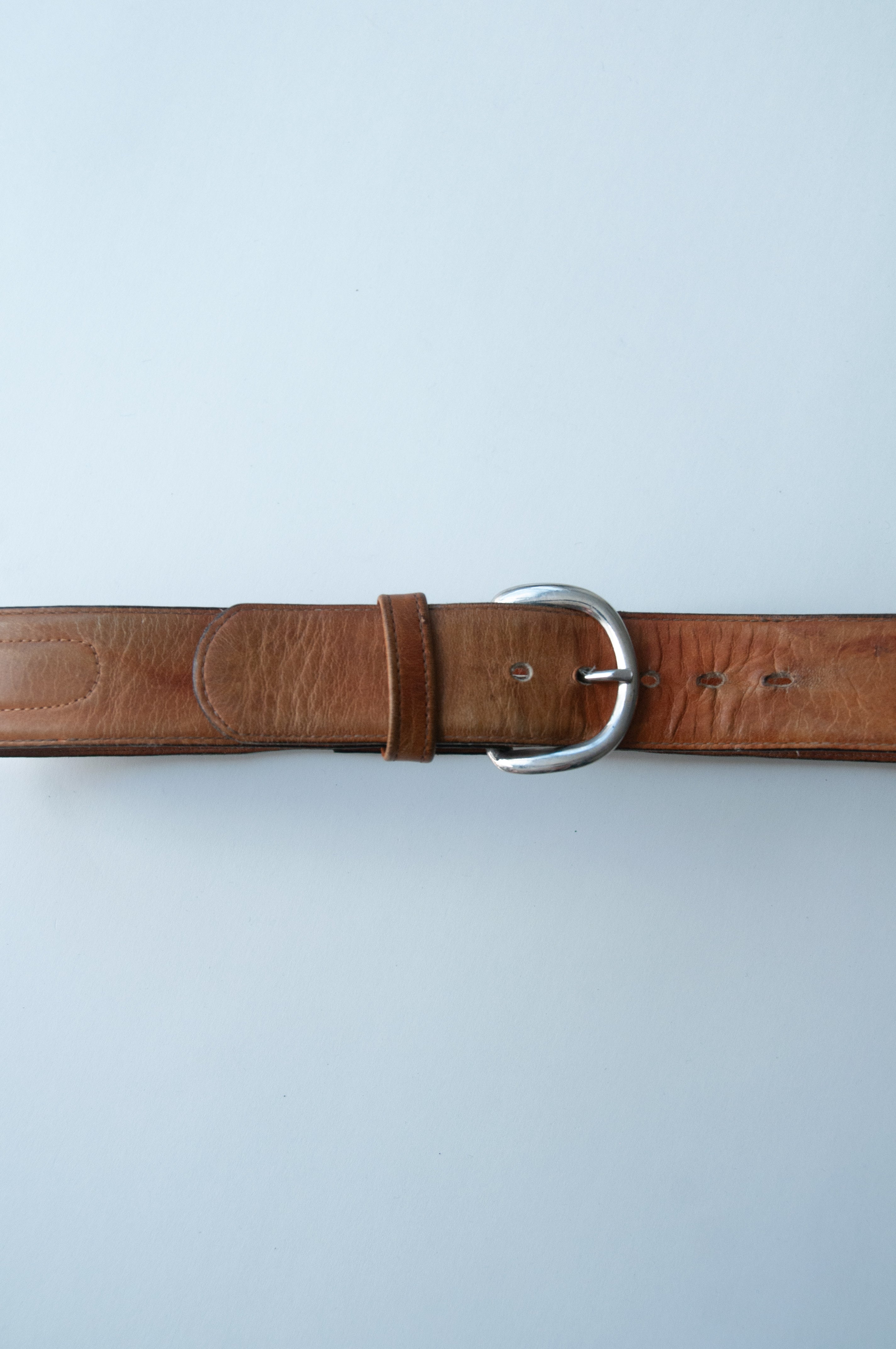 90s Buxton Light Brown & Silver Leather Belt - 33.5”
