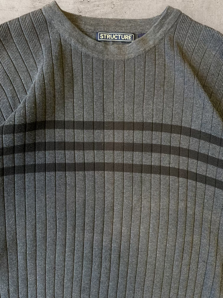 00s Structure Dark Grey & Black Striped Knit Sweater - Large