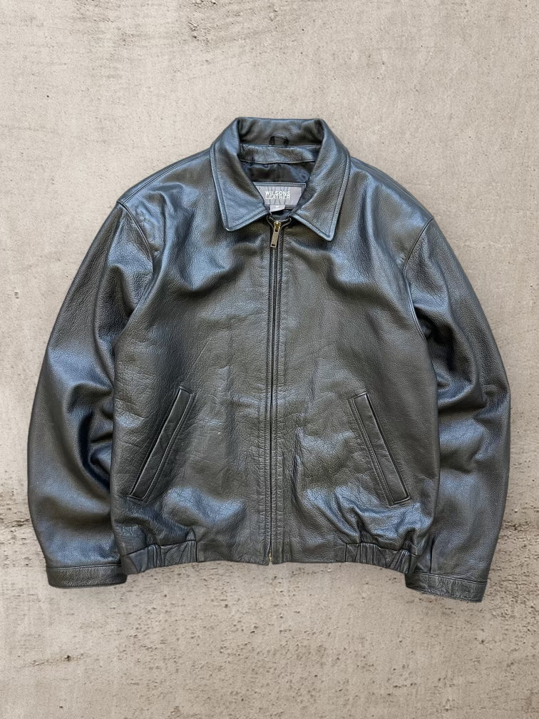 00s Wilson Black Leather Harrington Jacket - Medium