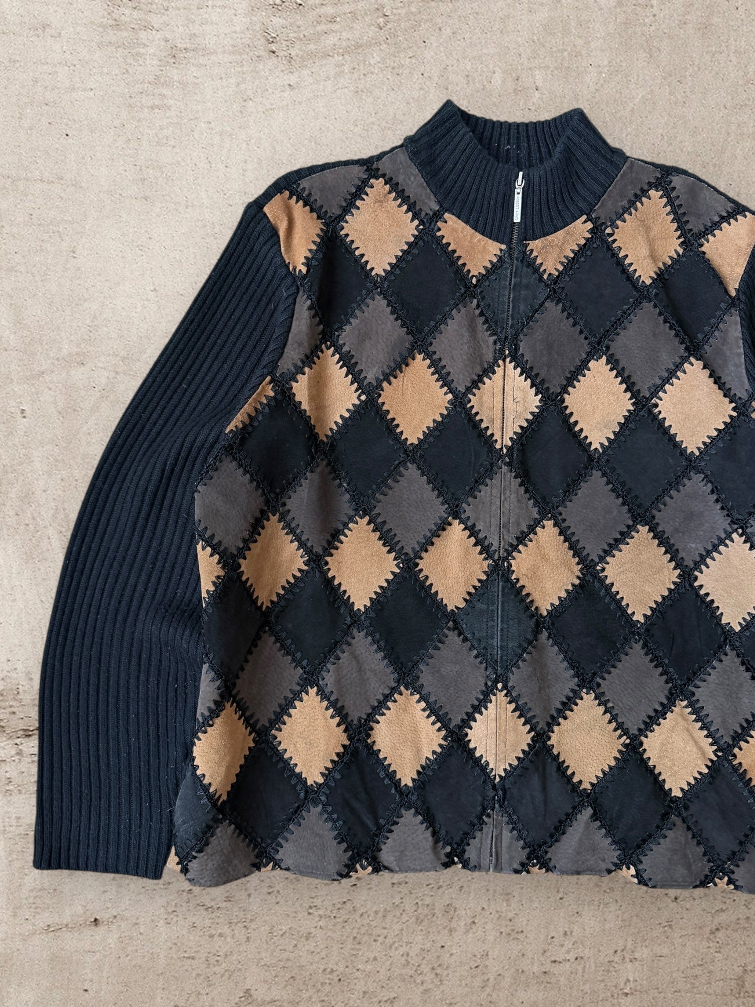 00s Robert Louis Argyle Suede Knit Sweater - XL