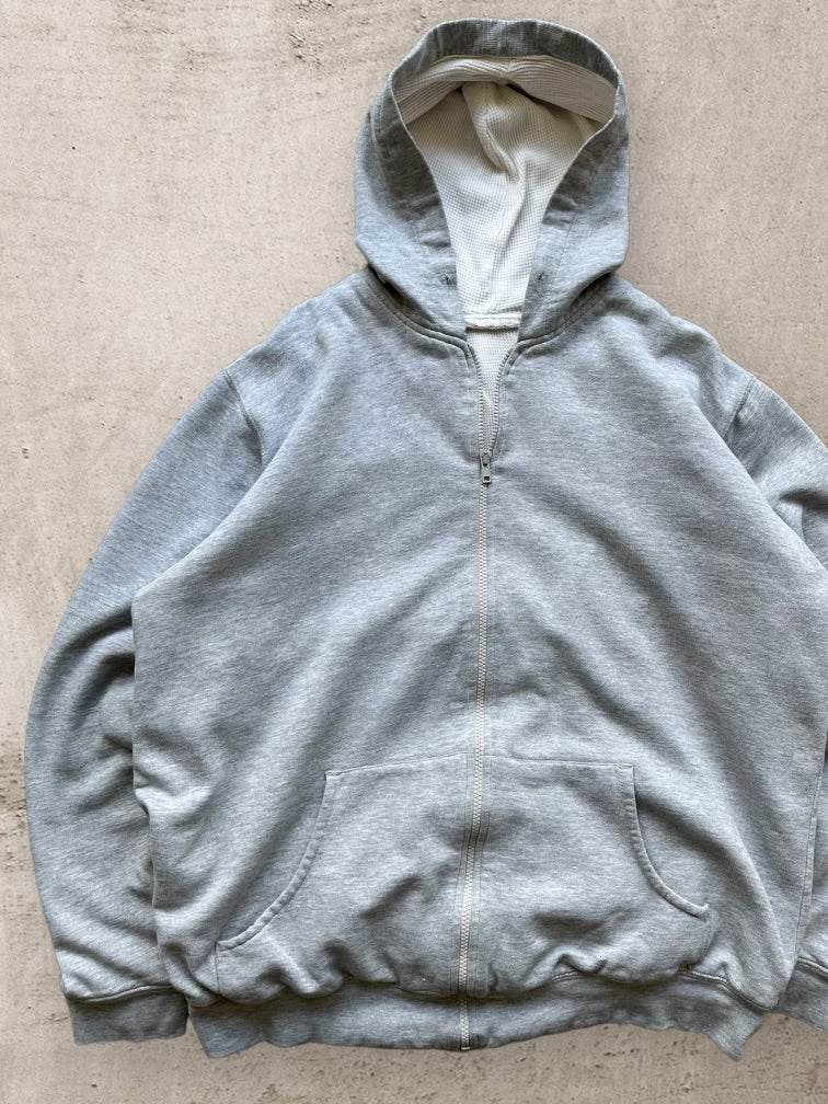 90s Thermal Lined Grey Zip Up Hoodie - XL