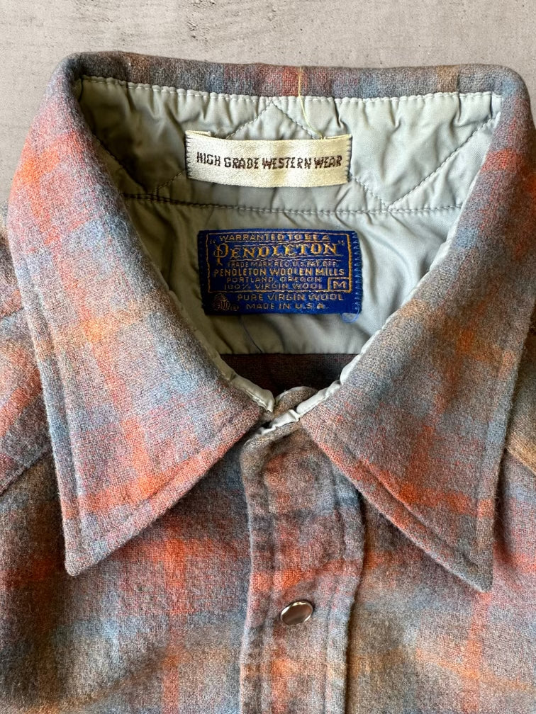 80s Wool Pendleton Plaid Pearl-Snap Flannel - Large