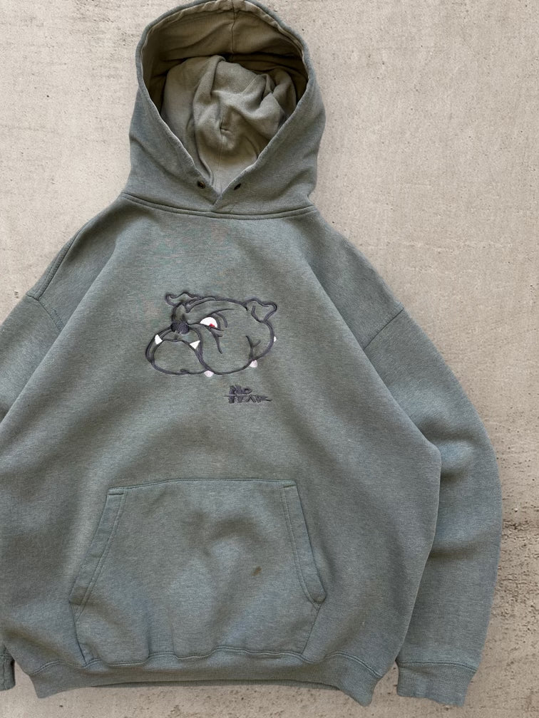 90s No Fear Bull Dog Faded Green Hoodie - Large
