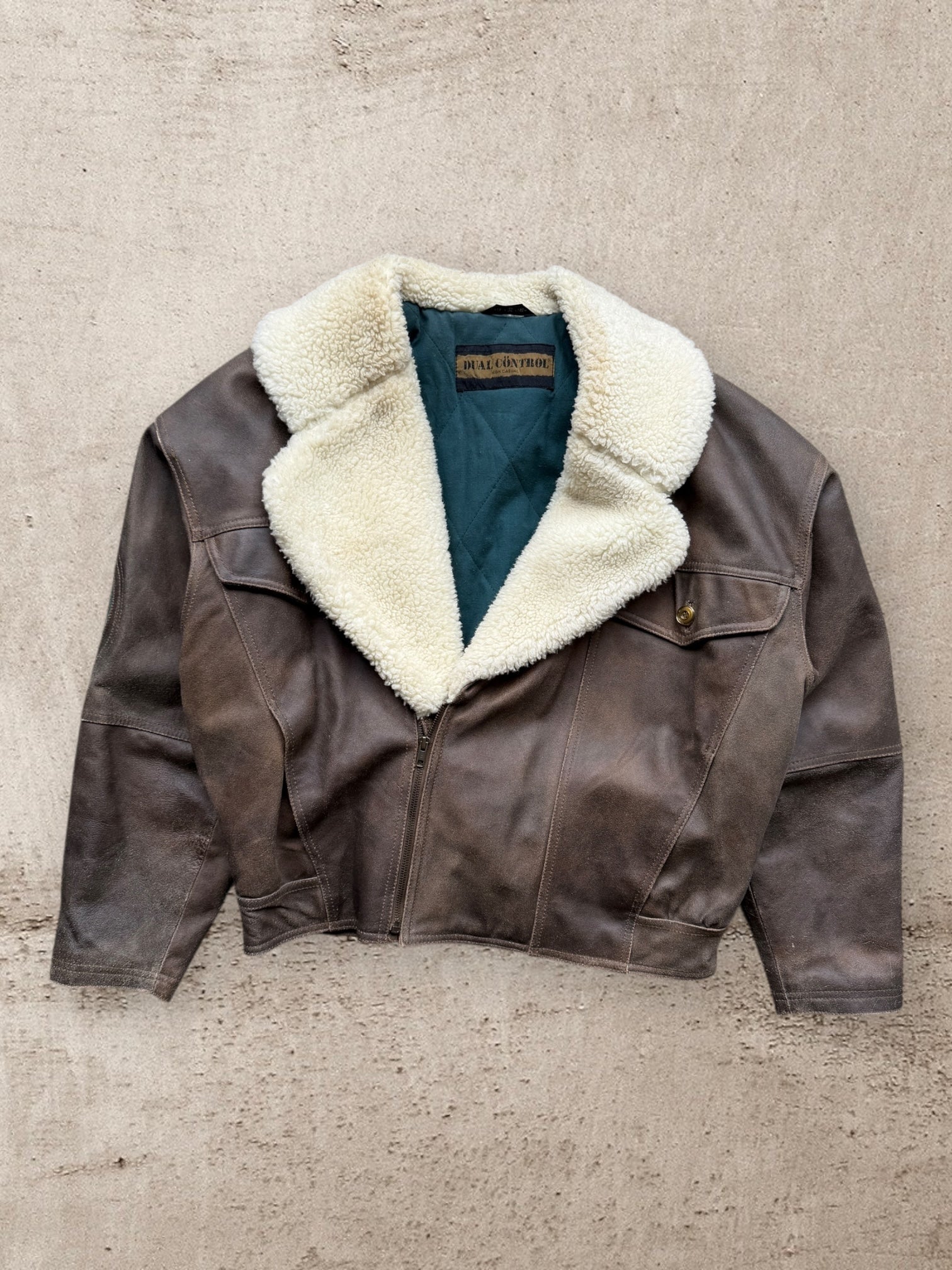 90s Dual Control Sherpa Collared Leather Jacket - Large