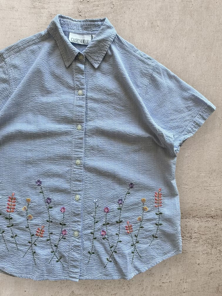 00s Striped Floral Embroidered Button Up Shirt - Medium