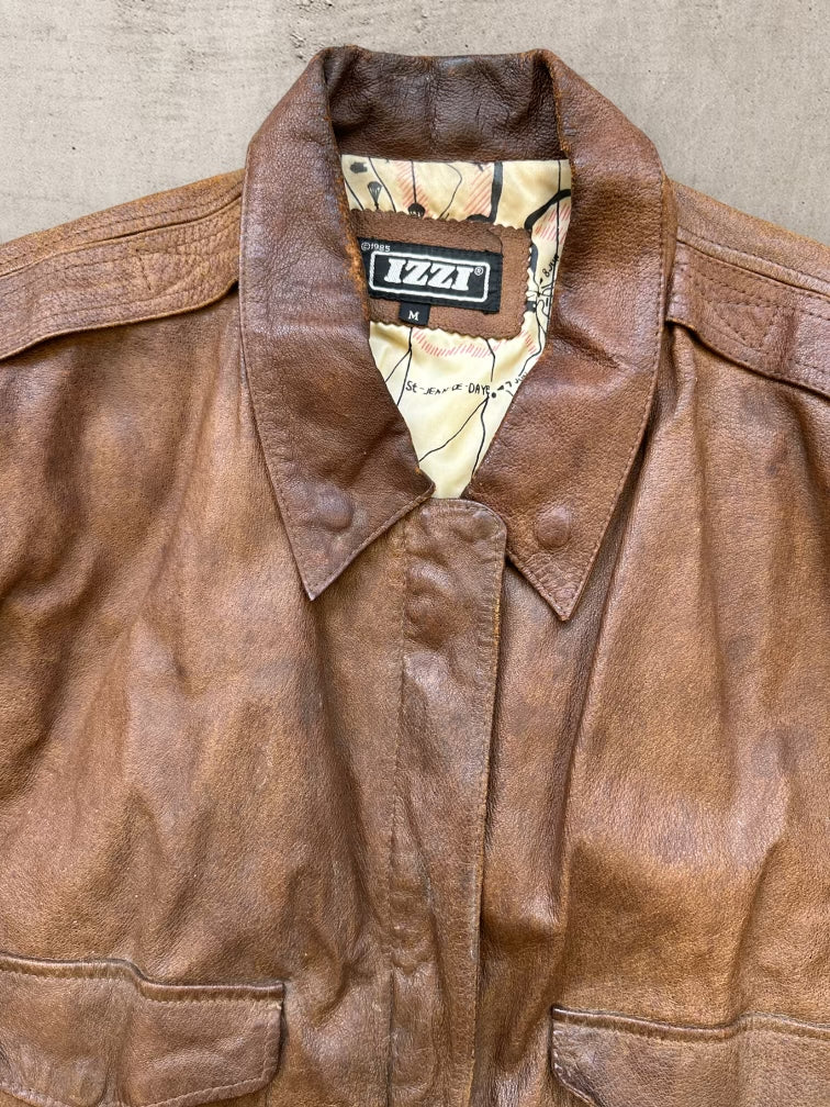 80s Izzi Brown Leather Bomber Jacket - Medium