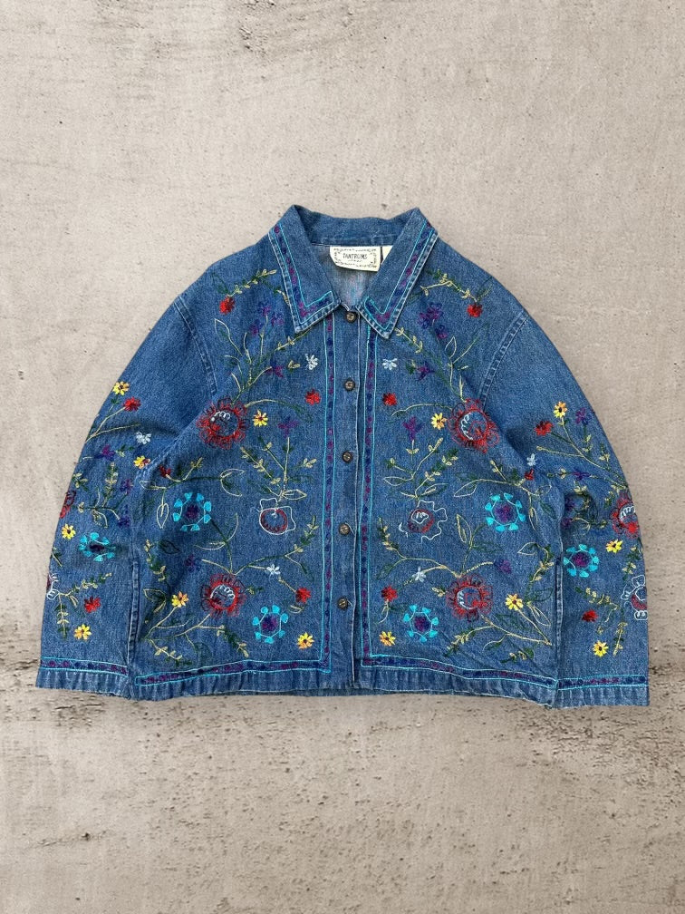 90s Tantrums Floral Embroidered Denim Jacket - Large