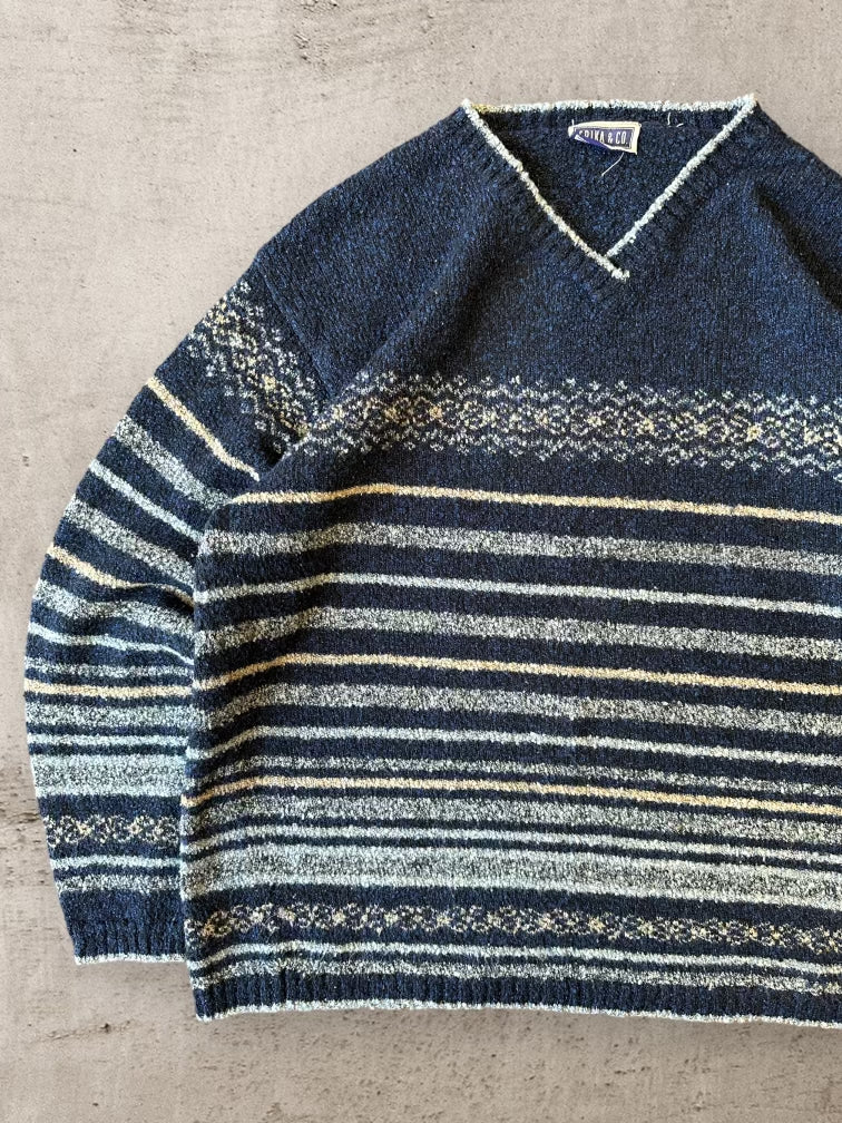 90s Erika & Co Striped V-Neck Knit Sweater - Medium