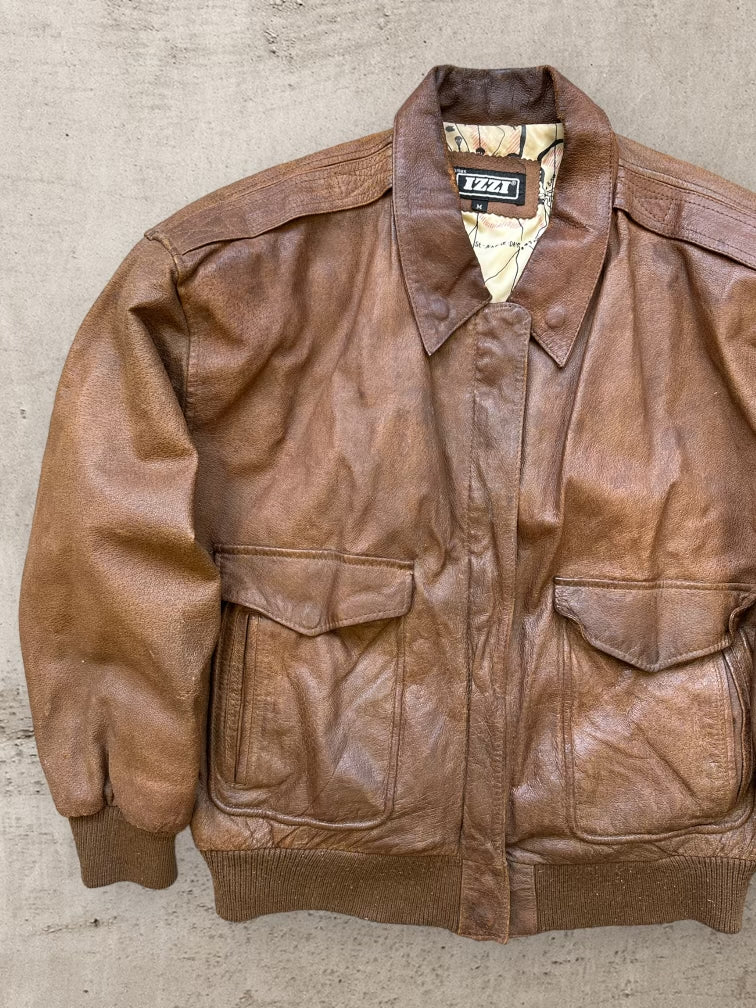 80s Izzi Brown Leather Bomber Jacket - Medium