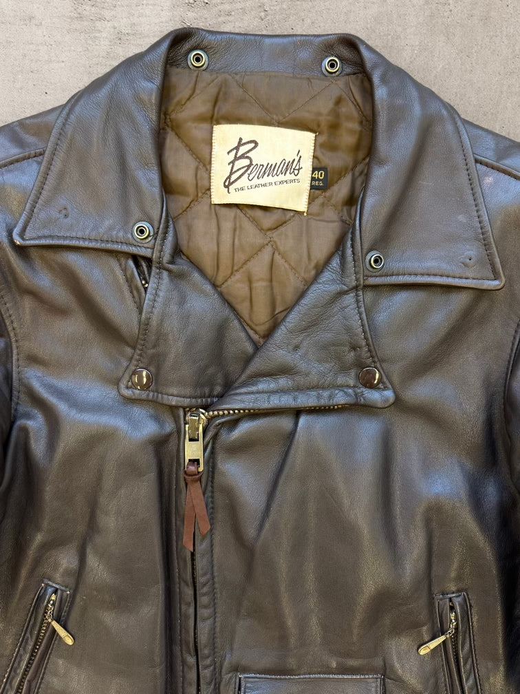 70s/80s Bermans Dark Brown Biker Leather Jacket - Small