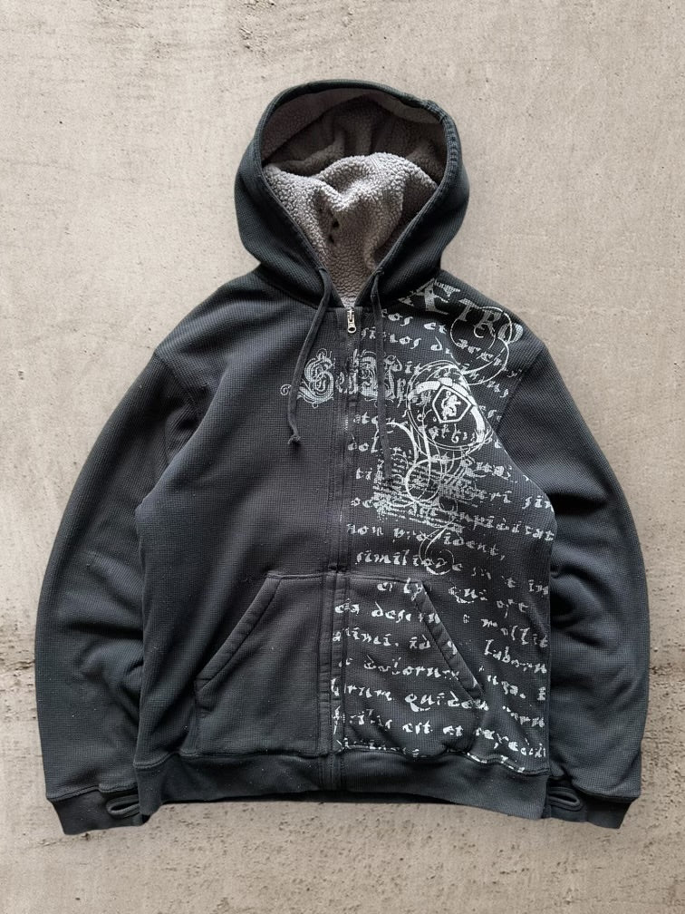 00s Machine Sherpa Lined Script Graphic Zip Up Hoodie -Large
