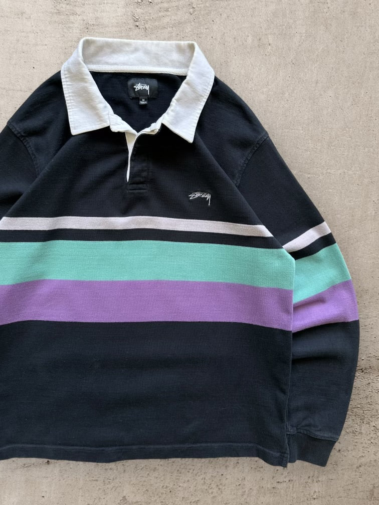 Stussy Striped Button Up Polo Shirt - Medium