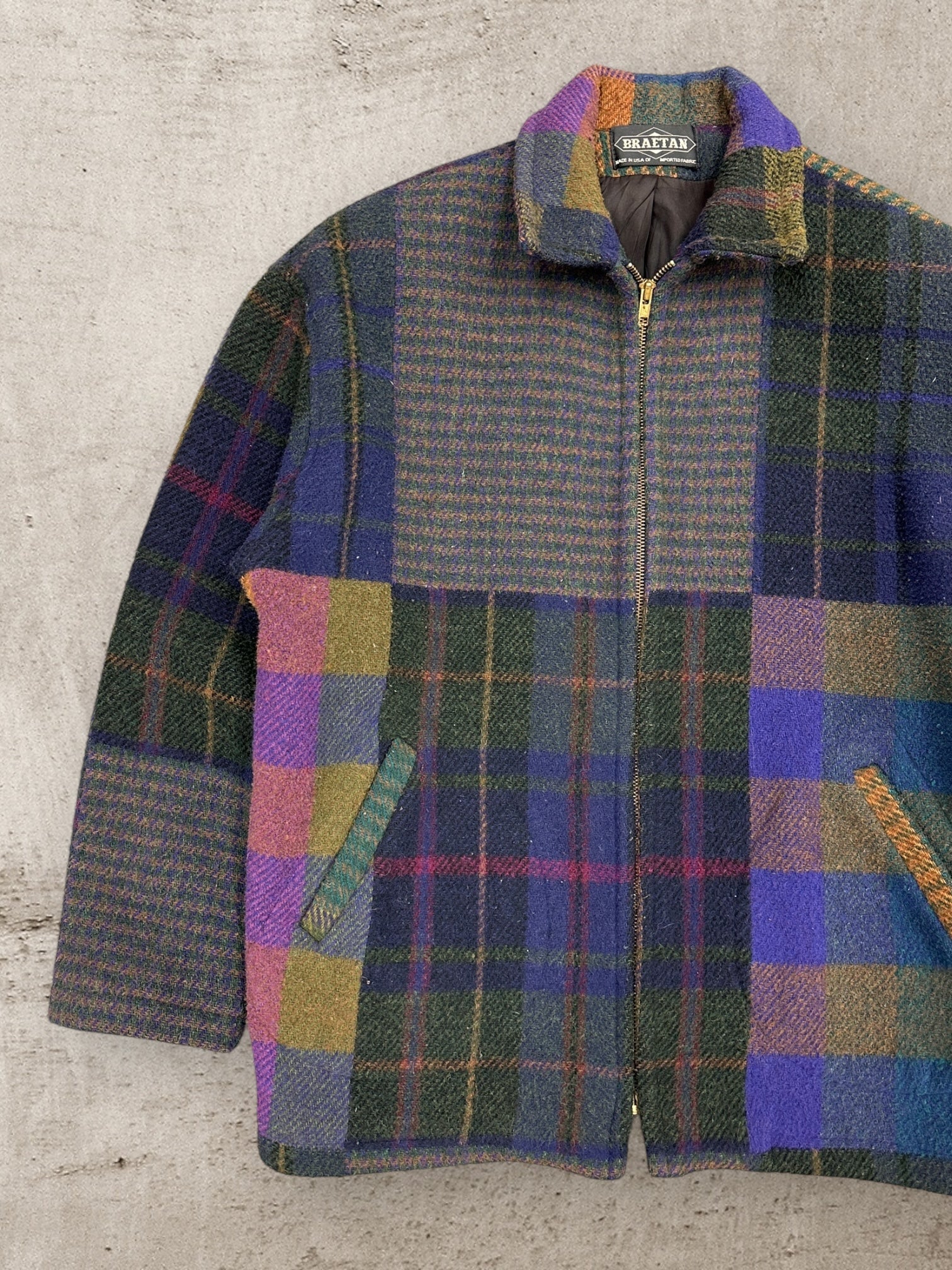 80s Braetan Patchwork Wool Zip Up Jacket - Large