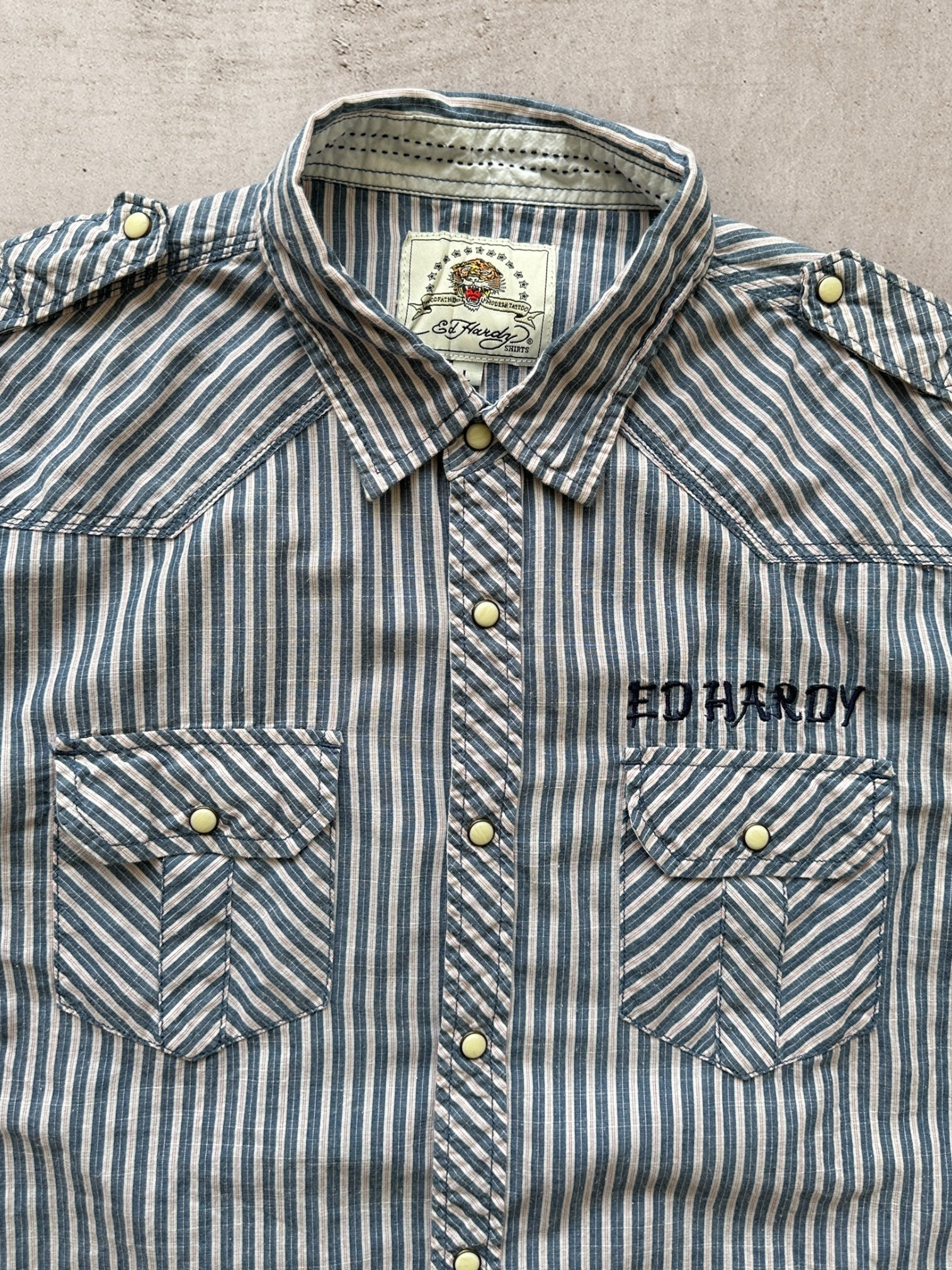 00s Ed Hardy Striped Graphic Button Up Shirt 00s Ed Hardy Striped Graphic Button Up Shirt
