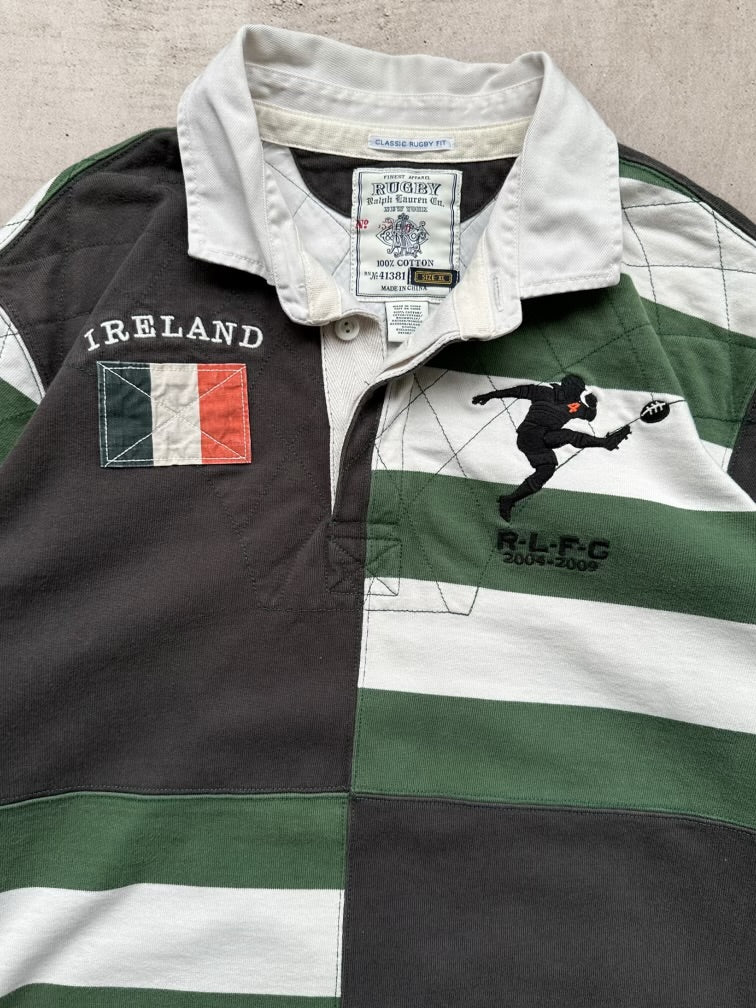 00s Ireland Striped Color Block Rugby Polo Shirt - XL