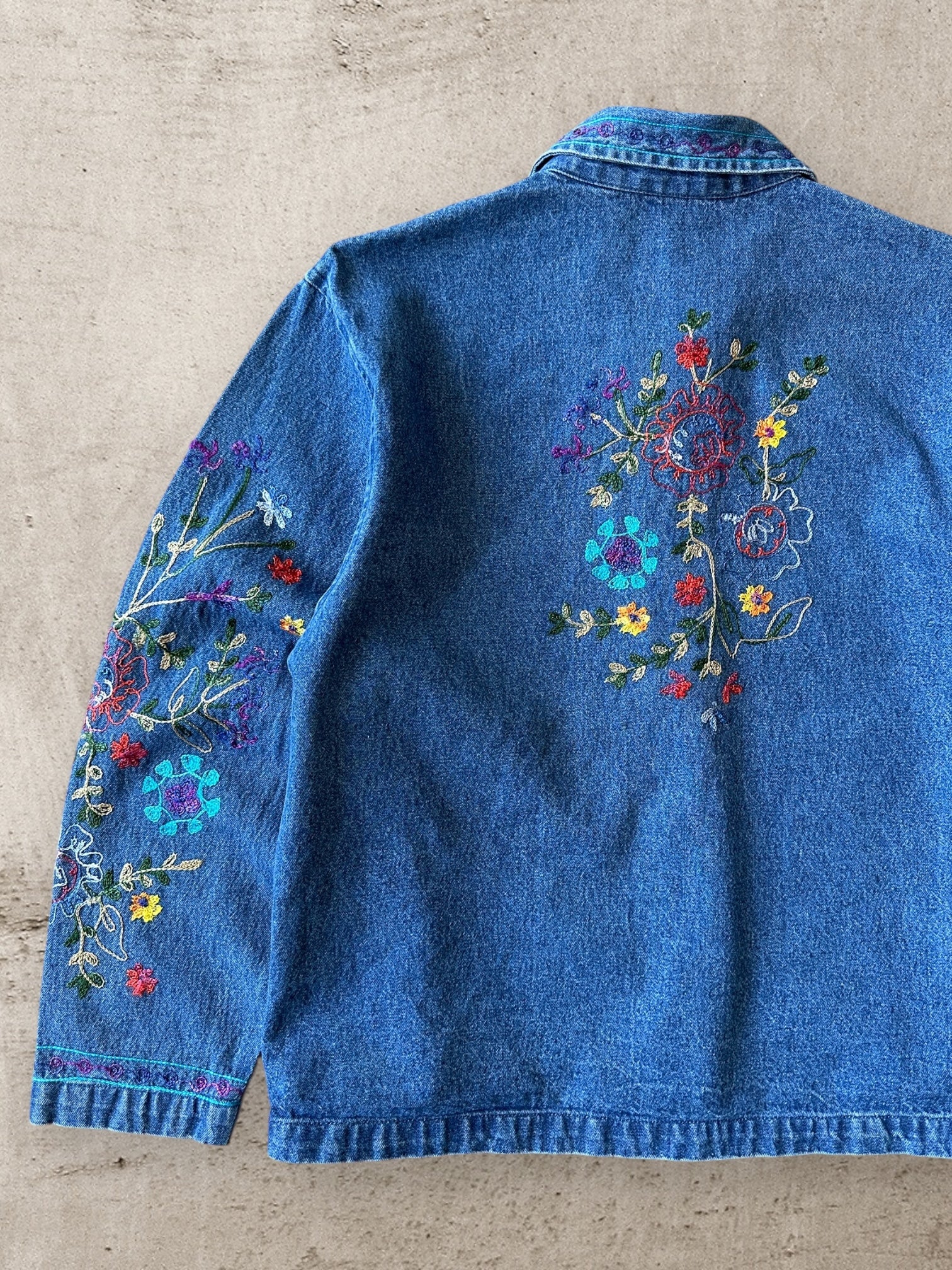 90s Tantrums Embroidered Floral Denim Button Up Jacket - Medium