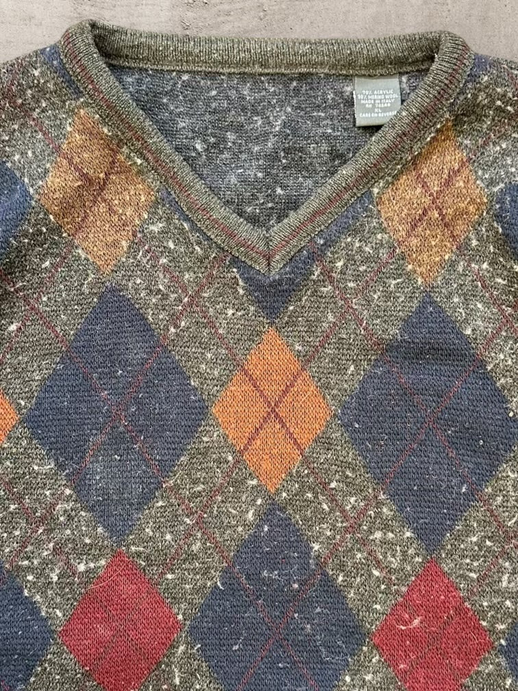00s Multicolor Argyle V-Neck Knit Sweater - Large