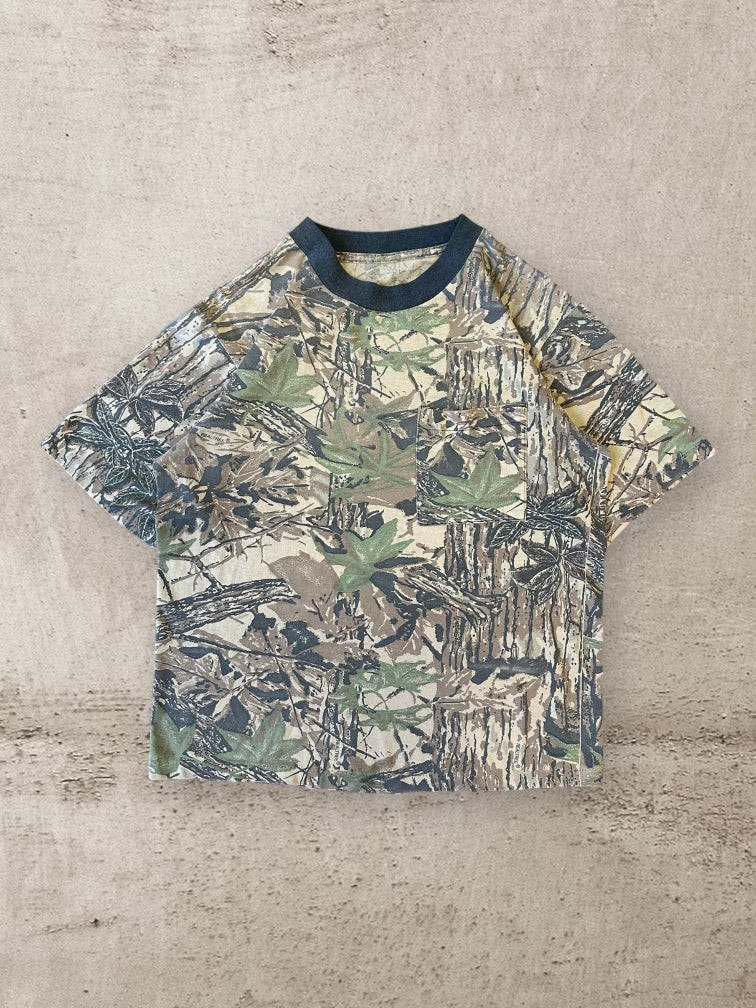 90s Real Tree Camouflage Black Collar T-Shirt - Medium