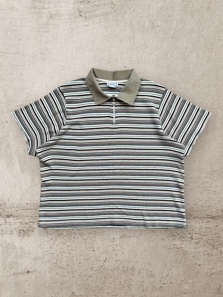 90s Ashley Brent Striped Zip Polo Shirt - Large