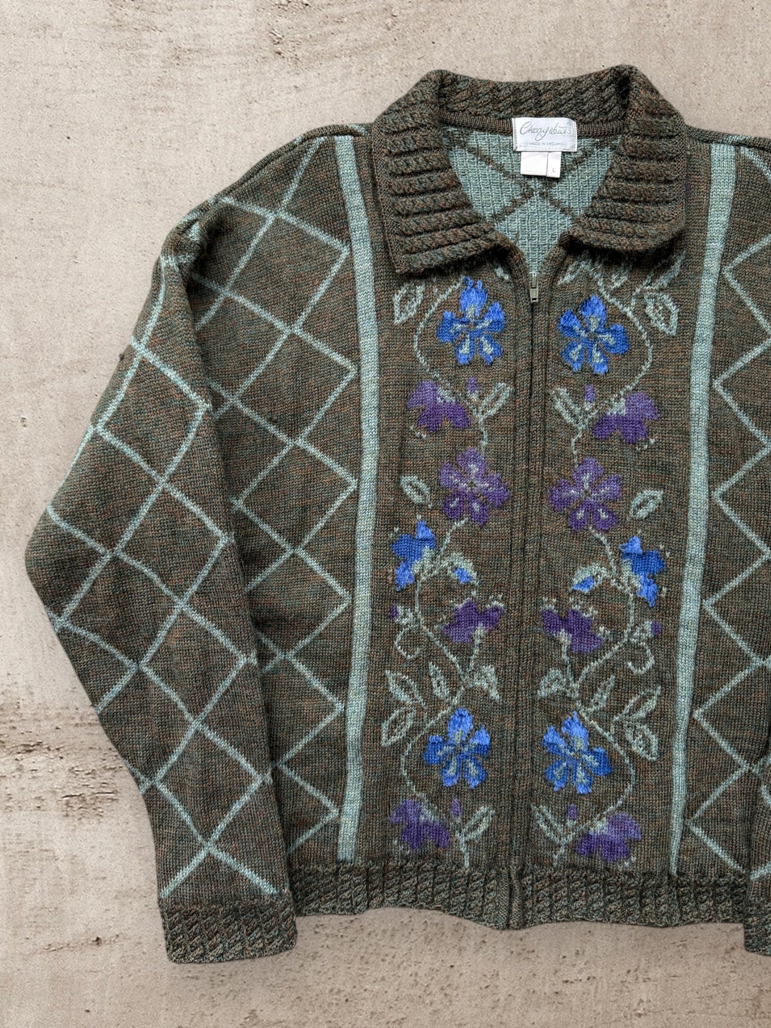 90s England Floral Zip Up Wool Sweater - Medium