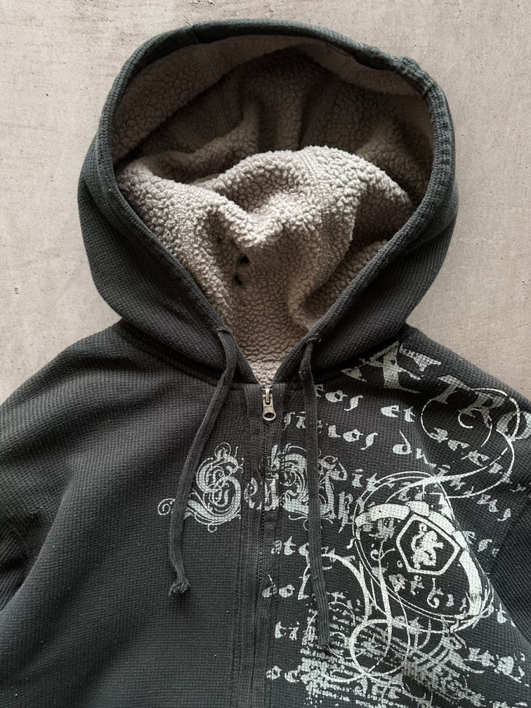 00s Machine Sherpa Lined Script Graphic Zip Up Hoodie -Large