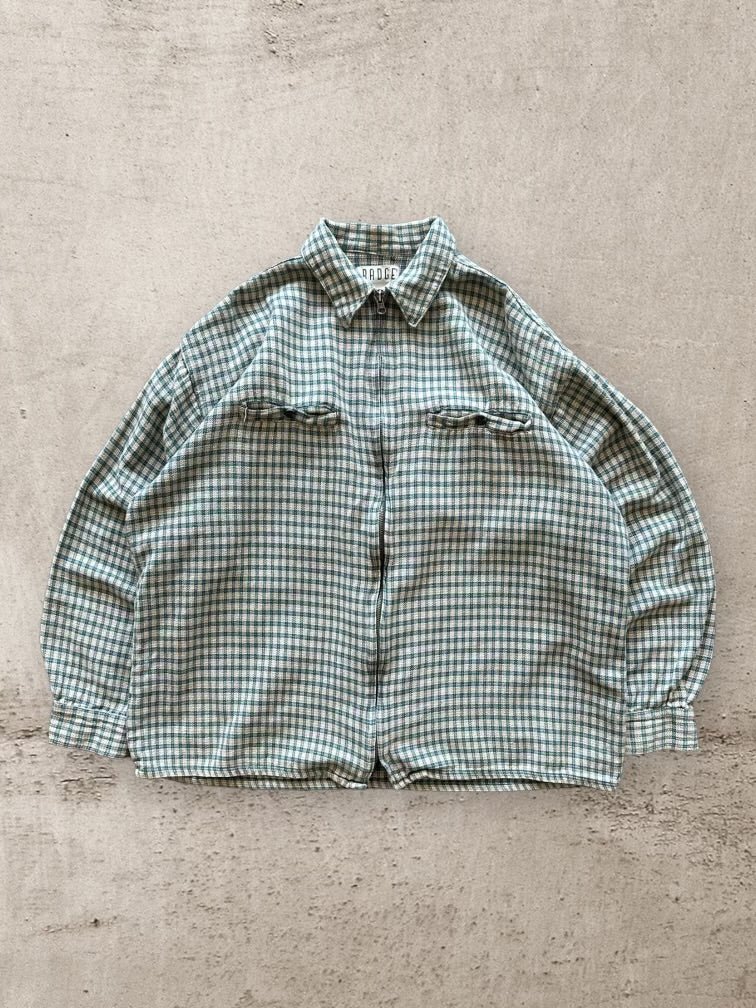 90s Badge Plaid Zip Up Flannel Shirt - Large