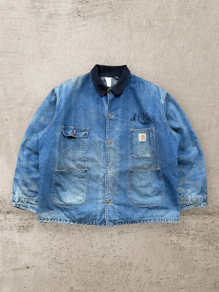 90s Carhartt Wool Lined Distressed Denim Chore Jacket - XL