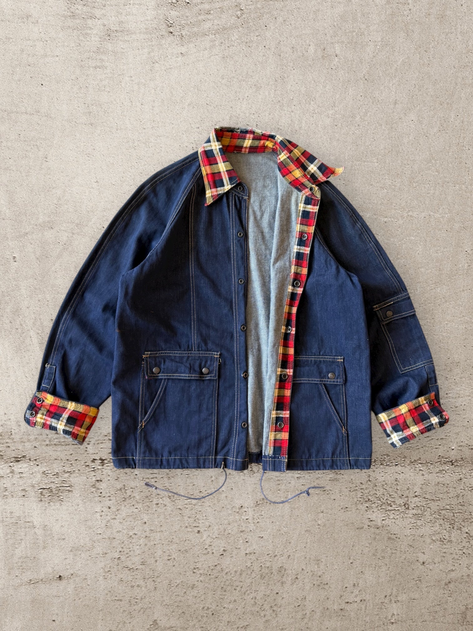 80s Plaid Collared Denim Chore Jacket - Large