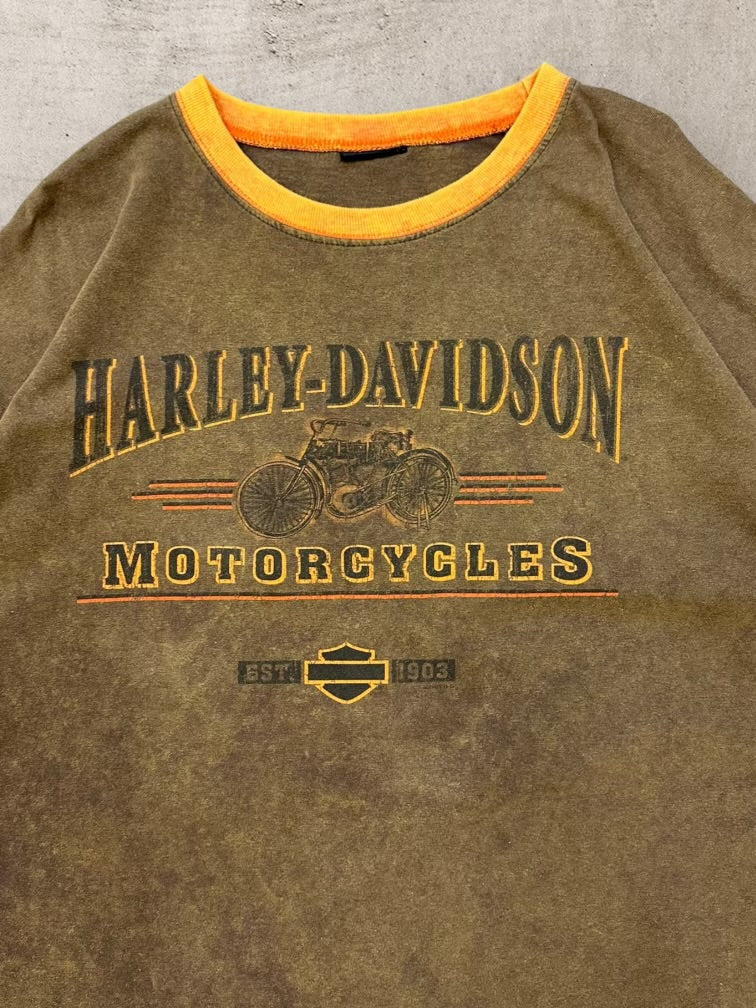 00s Harley Davidson Brown Dyed Ringer Graphic T-Shirt - XXL