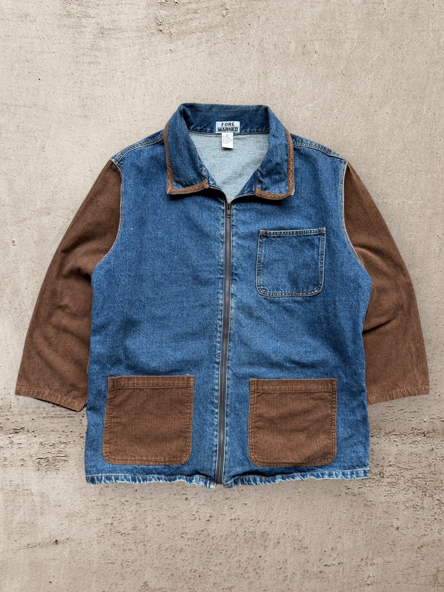 90s Fore Warned Color Block Corduroy Denim Zip Up Jacket - XXL