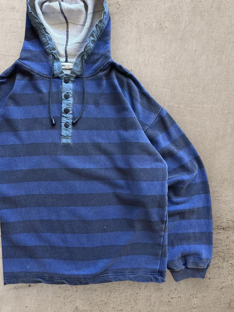 90s Structure Striped Henley Hoodie - Large