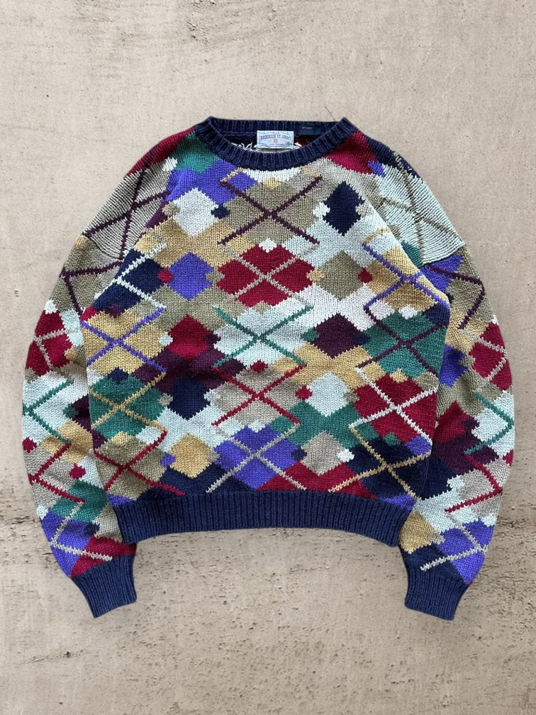 90s Roderick Multicolor Argyle Knit Sweater - Large