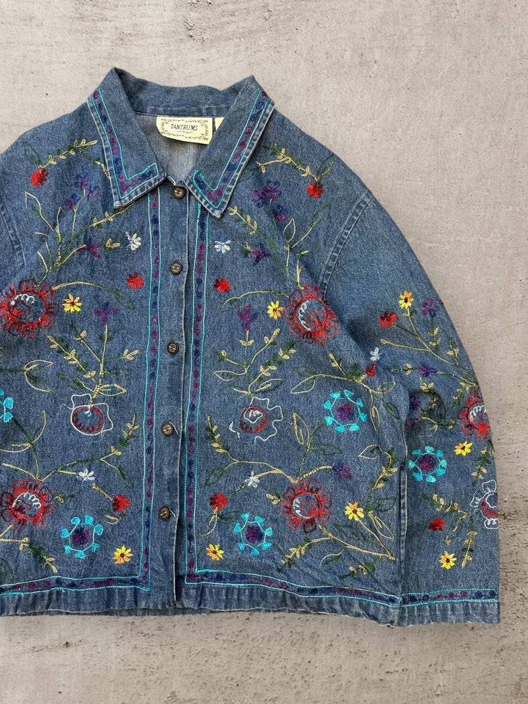 90s Tantrums Floral Embroidered Denim Jacket - Large