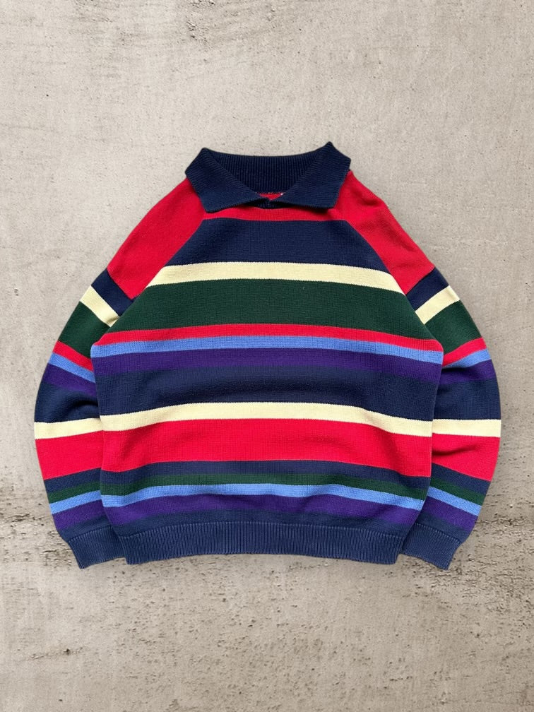 00s Multicolor Stripe Collared Knit Sweated - Large