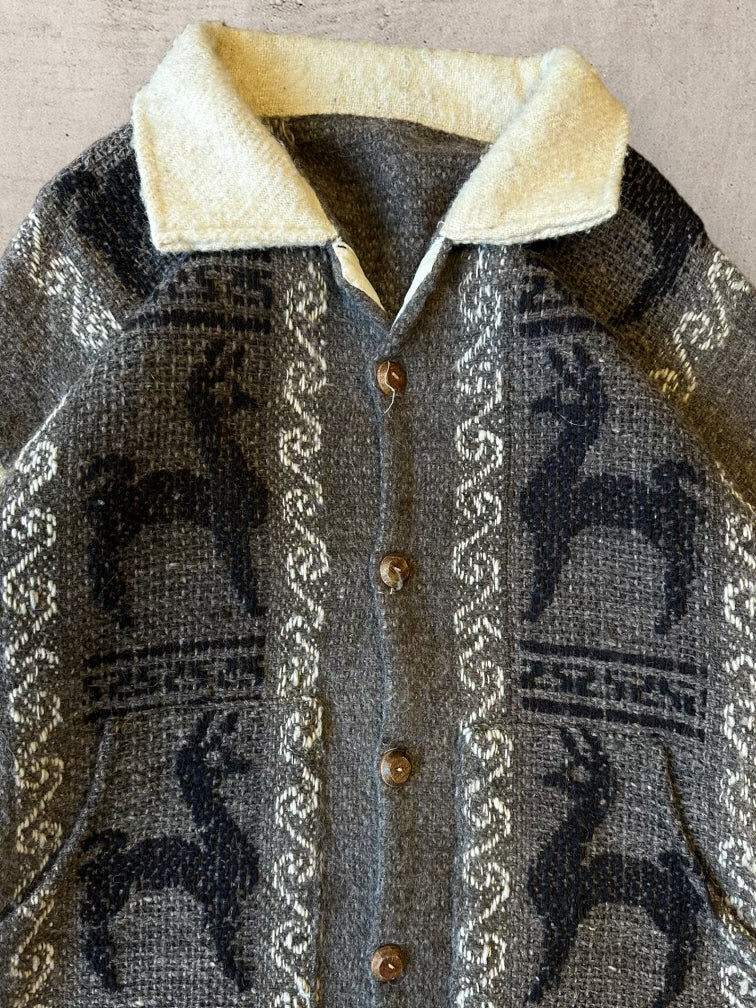 00s Color Block Llama Patterned Wool Button Up Sweater - Large