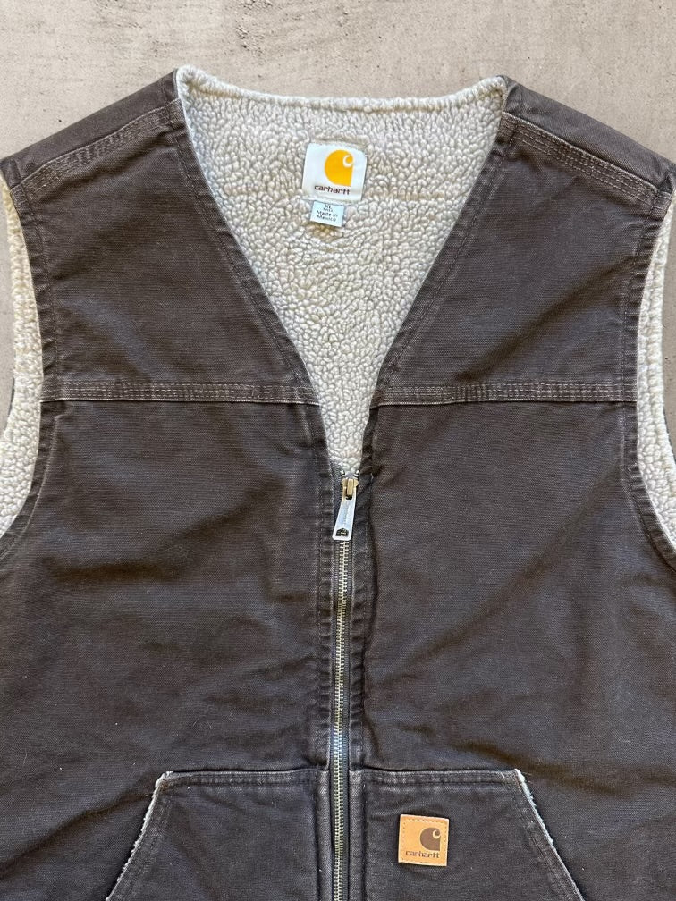 00s Carhartt Sherpa Lined Brown Work Vest - XL